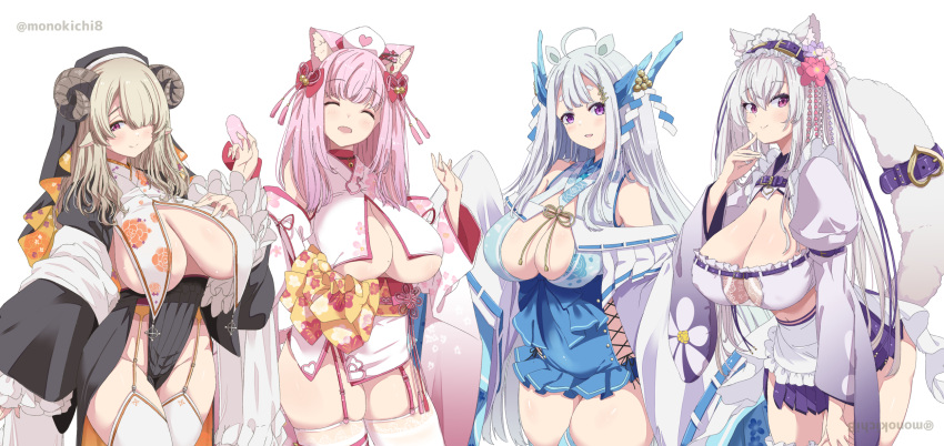 4girls ^_^ ahoge animal_ear_fluff animal_ears bangs belt blush breast_curtains breasts brown_hair cleavage closed_eyes closed_mouth curled_horns detached_sleeves flower garter_straps hair_flower hair_ornament hair_over_one_eye hands_up hat heart highres horns indie_virtual_youtuber inori_marie japanese_clothes kichihachi large_breasts long_hair long_sleeves looking_at_viewer medium_hair mikoshiba_mikoto_(vtuber) miyako_miyuri mole mole_on_breast multiple_girls nun nurse_cap obi open_mouth pink_eyes pink_hair pointy_ears puffy_long_sleeves puffy_sleeves purple_belt purple_eyes sash simple_background sleeves_past_fingers sleeves_past_wrists smile standing tail tenshouin_himeno thick_eyebrows thighhighs thighs twitter_username underboob virtual_youtuber white_background white_hair white_sleeves white_thighhighs wide_sleeves