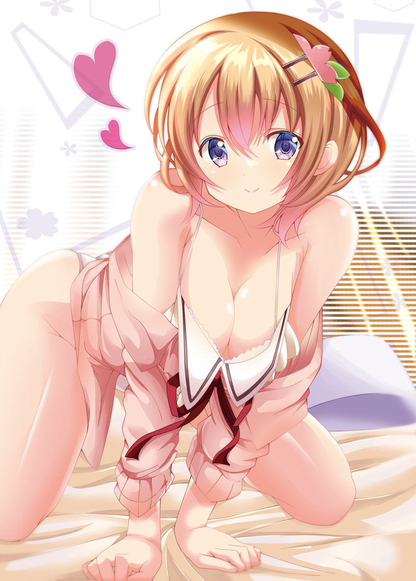 1girl all_fours bed bed_sheet breasts cleavage gochuumon_wa_usagi_desu_ka? heart highres hoto_cocoa kohakugin large_breasts on_bed orange_hair panties pillow pink_vest purple_eyes school_uniform smile solo thighs underwear vest