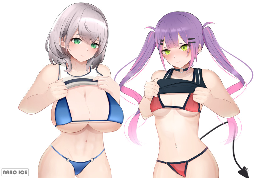 2girls absurdres bikini black_choker black_shirt blue_bikini breasts choker clothes_lift demon_tail ear_piercing green_eyes highres hololive large_breasts lifted_by_self looking_at_viewer multiple_girls nano_ice navel_piercing o-ring o-ring_choker piercing purple_hair red_bikini self_upload shirogane_noel shirt shirt_lift small_breasts swimsuit tail tokoyami_towa virtual_youtuber white_hair white_shirt yellow_eyes