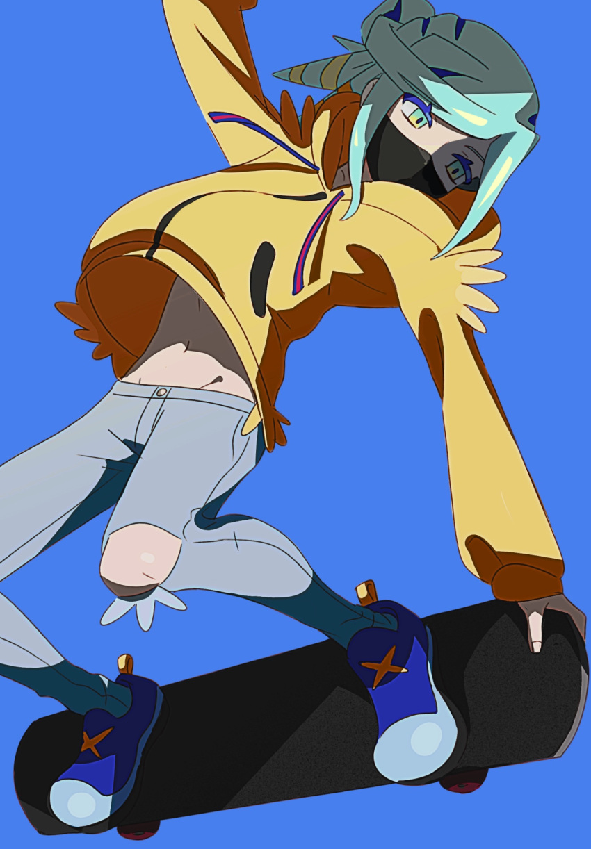 1boy arm_up bbhdrrr blue_background blue_footwear green_eyes green_hair grusha_(pokemon) highres holding_snowboard hood hood_down hooded_jacket jacket knee_cutout leaning long_sleeves looking_down male_focus pants pokemon pokemon_(game) pokemon_sv shoes simple_background snowboard snowboarding solo yellow_jacket