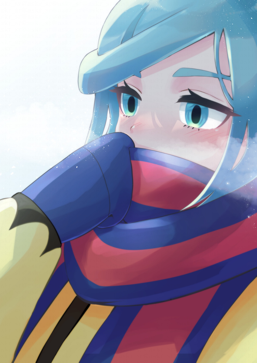 1boy absurdres asakura_sara blue_gloves blue_mittens blue_scarf blush breath commentary_request eyelashes gloves green_eyes green_hair grusha_(pokemon) hand_up highres jacket long_sleeves male_focus pokemon pokemon_(game) pokemon_sv scarf solo striped striped_scarf upper_body white_background yellow_jacket