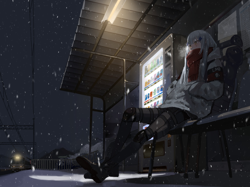 1girl absurdres bangs black_pants blood blood_on_face blush cable ceiling_light clear_sky clover_hair_ornament coat enpera full_body girls'_frontline grey_sky ground_vehicle hair_ornament hands_in_pockets highres hk416_(fang)_(girls'_frontline) hk416_(girls'_frontline) last_man_battalion long_hair long_sleeves looking_away mountainous_horizon night on_chair outdoors pants red_scarf scarf seorang sidelocks sitting sky snow snowing solo tom_clancy's_the_division train white_coat white_hair winter yellow_eyes