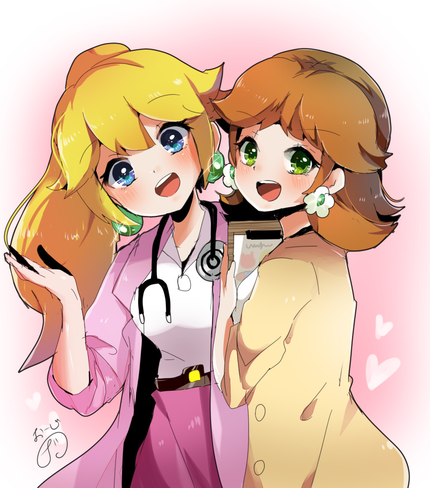 2girls :d alternate_costume bangs blonde_hair blue_eyes blush breasts brown_hair coat commentary_request dr._mario_(game) dr._mario_world earrings flower_earrings glint green_eyes hand_up happy heart herunia_kokuoji highres jewelry long_hair looking_at_viewer mario_(series) medium_hair multiple_girls open_clothes open_coat open_mouth pink_coat pink_skirt princess_daisy princess_peach shirt shirt_tucked_in side_ponytail signature skirt smile stethoscope teeth upper_teeth_only white_shirt yellow_coat