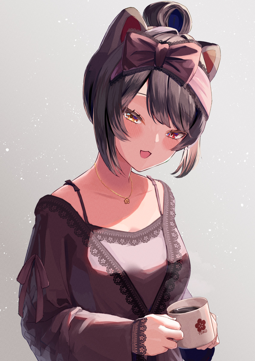 1girl :d absurdres ami_no_fuda animal_ears bangs bathrobe blush bow_hairband coffee coffee_mug cup dog_ears hair_bun hairband heterochromia highres holding holding_cup inui_toko jewelry lace_trim looking_at_viewer loungewear mug necklace nightgown nijisanji official_alternate_costume official_alternate_hairstyle open_mouth red_eyes single_hair_bun smile solo spaghetti_strap swept_bangs virtual_youtuber yellow_eyes