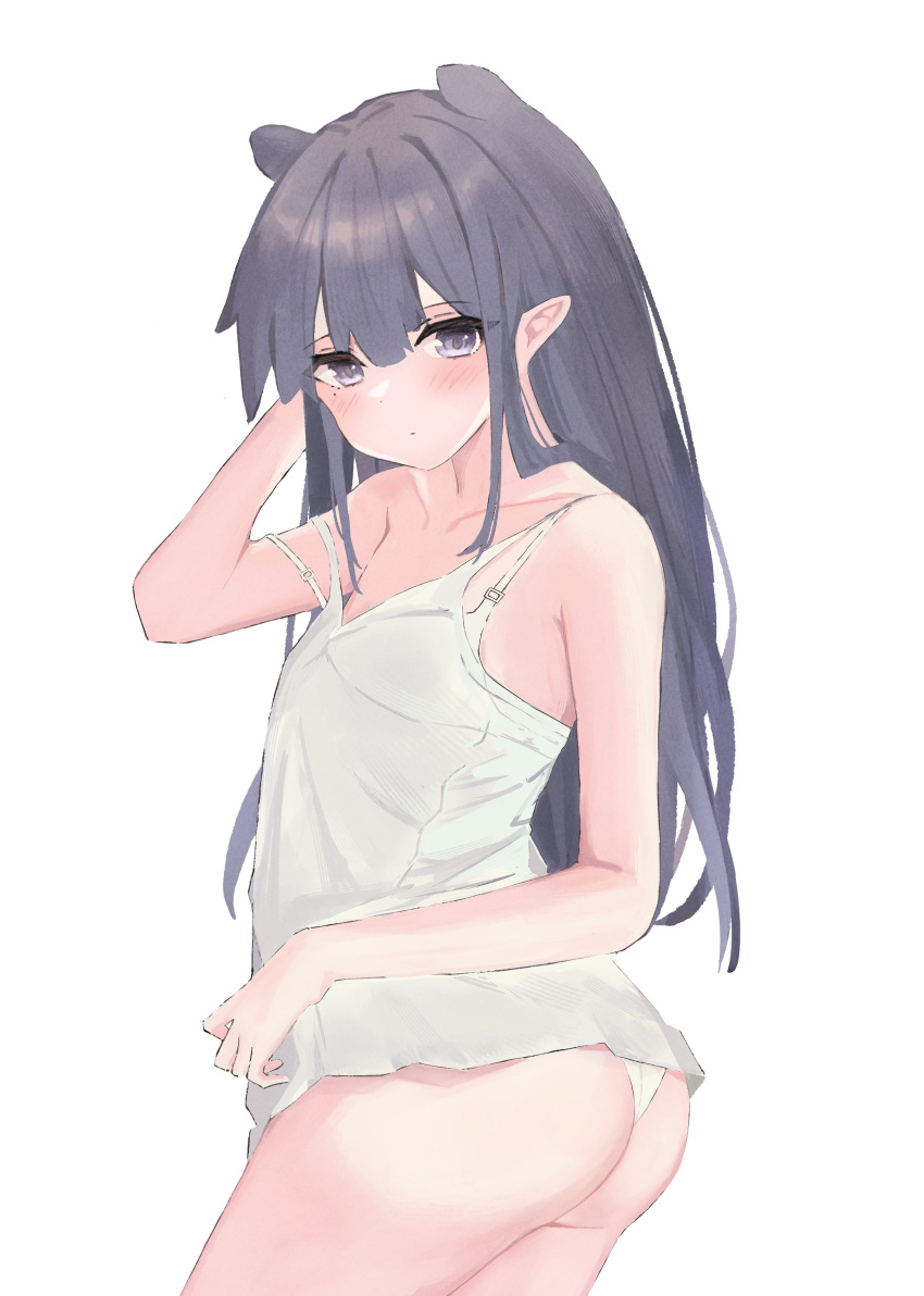 1girl absurdres akarinnndesu ass bangs blush breasts collarbone hair_between_eyes highres hololive hololive_english long_hair looking_at_viewer ninomae_ina'nis panties pointy_ears purple_eyes purple_hair simple_background small_breasts solo standing tank_top underwear virtual_youtuber white_background white_panties white_tank_top