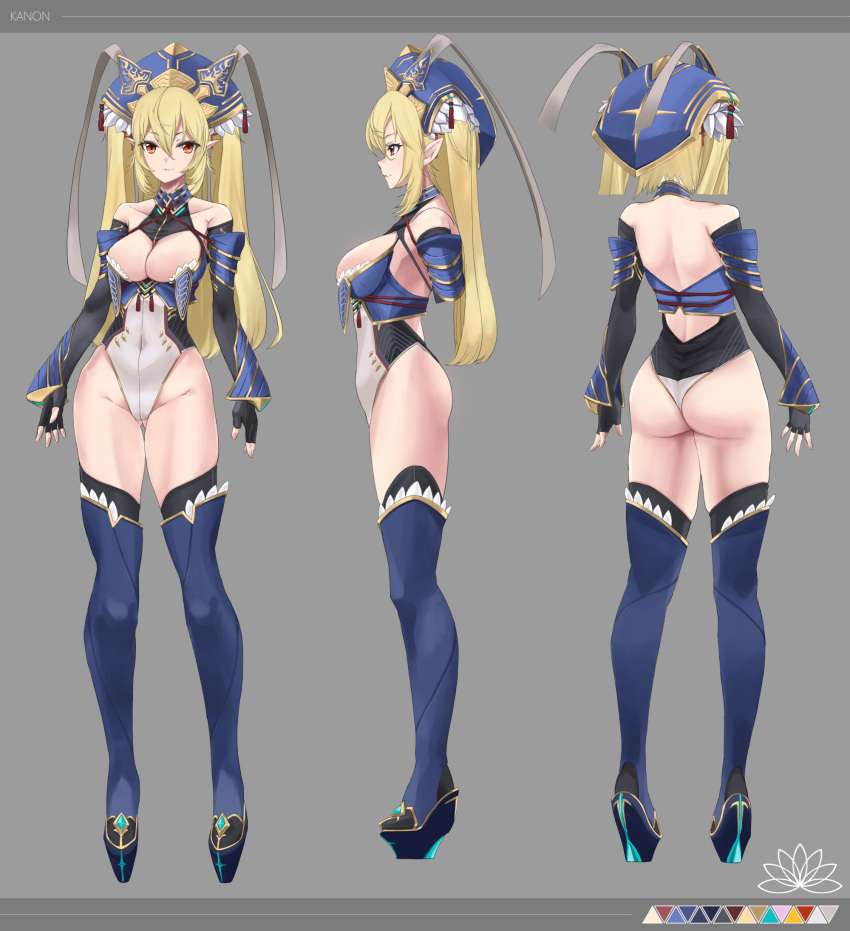 1girl artist_name avatar_(pso2) ayamo_kaoru bangs black_gloves blonde_hair blue_footwear blue_headwear blue_thighhighs breasts cleavage cleavage_cutout clothing_cutout collarbone commentary_request commission covered_navel elbow_gloves fingerless_gloves flower from_behind from_side full_body gloves gold_trim grey_background hair_between_eyes high_heels highleg highleg_leotard highres large_breasts leotard long_hair long_sleeves looking_at_viewer multiple_views numako_(pizza_kanon) original parted_lips phantasy_star phantasy_star_online_2 pointy_ears red_eyes reference_sheet second-party_source sidelocks skeb_commission tassel thighhighs two_side_up white_leotard wide_sleeves