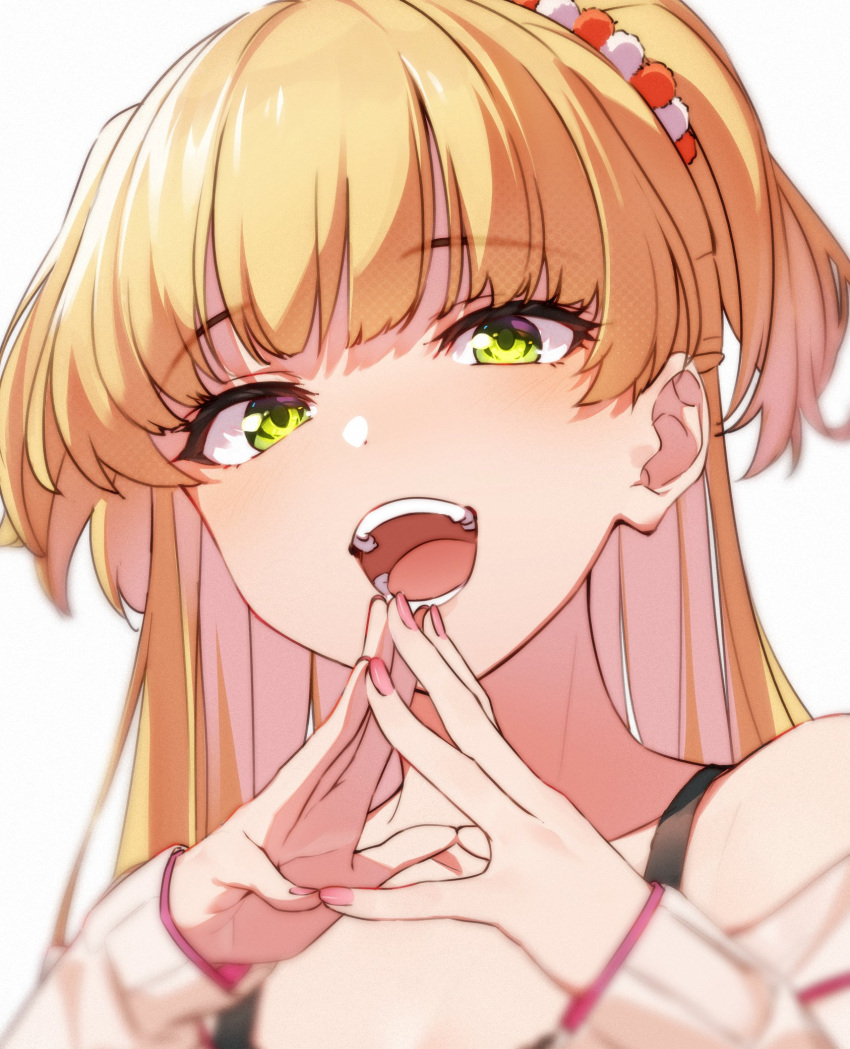 1girl bangs blonde_hair fingernails green_eyes highres idolmaster idolmaster_cinderella_girls jougasaki_rika kakaobataa long_hair looking_at_viewer open_mouth pink_nails simple_background smile solo teeth upper_body white_background