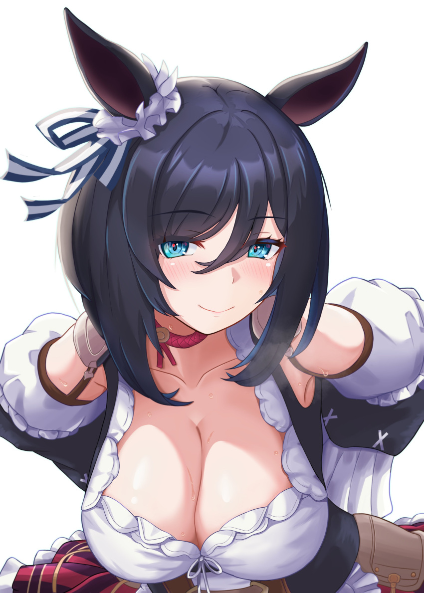 1girl absurdres animal_ears bangs black_hair blouse blue_eyes blush bob_cut breasts choker cleavage closed_mouth collarbone detached_sleeves dirndl ear_ornament ear_scrunchie eishin_flash_(umamusume) frilled_shirt frills german_clothes hair_between_eyes highres horse_ears horse_girl large_breasts leaning_forward long_sleeves looking_at_viewer medium_hair red_choker scrunchie shirt simple_background smile solo sora_onii3 sweat umamusume white_background white_scrunchie white_shirt