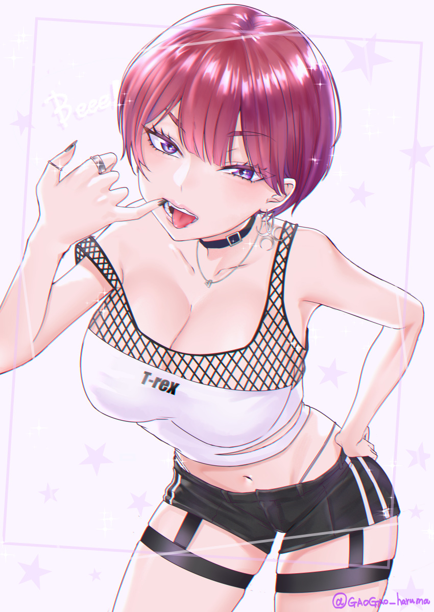 1girl absurdres black_collar black_nails black_shorts breasts chromatic_aberration cleavage collar collarbone crop_top earrings hair_behind_ear hand_on_hip highres jewelry leaning_forward medium_breasts mouth_pull multiple_rings navel necklace original purple_eyes red_hair ring short_hair short_shorts shorts skindentation solo tank_top terano_haruma thigh_strap thong twitter_username white_tank_top