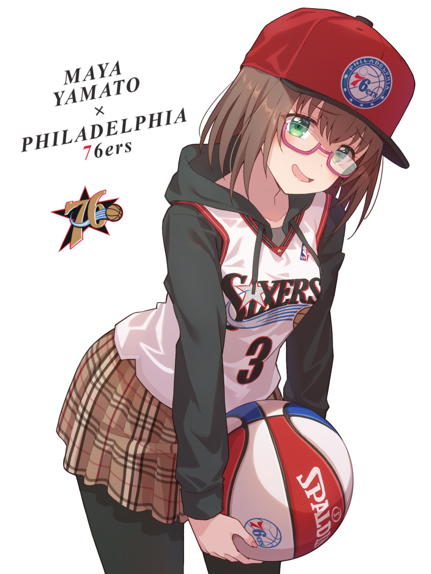 1girl ball bang_dream! baseball_cap basketball basketball_jersey black_hoodie black_pantyhose brown_hair brown_skirt character_name copyright_name drawstring glasses green_eyes hat highres holding holding_ball hood hoodie leaning_forward national_basketball_association open_mouth pantyhose philadelphia_76ers plaid plaid_skirt red_headwear skirt solo spalding white_background yamato_maya yazawa_happyaro