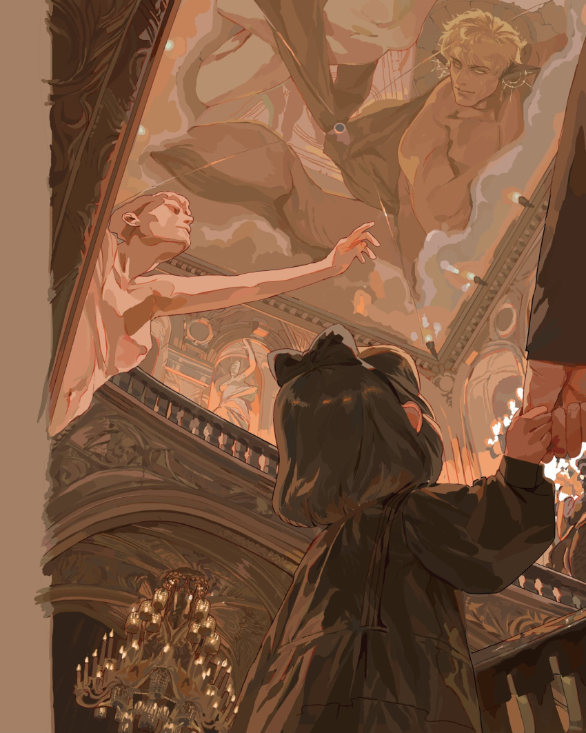 1boy 1girl architecture black_bow black_dress bow brown_hair chandelier commentary dress from_behind hair_bow highres holding_hands indoors mgong520 original painting_(object) railing short_hair solo_focus stairs statue symbol-only_commentary