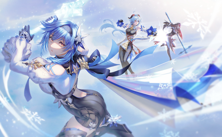 3girls absurdres ahoge amos'_bow_(genshin_impact) ass bare_shoulders blue_hair bodystocking bow_(weapon) breasts detached_sleeves drawing_bow dress eula_(genshin_impact) fighting ganyu_(genshin_impact) genshin_impact gloves hair_between_eyes hairband highres holding holding_bow_(weapon) holding_weapon horns kankitsurui_(house_of_citrus) large_breasts long_hair magic multiple_girls open_mouth orange_eyes rosaria_(genshin_impact) snow snowflakes thighhighs vision_(genshin_impact) weapon