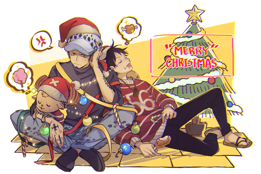 2boys arm_tattoo black_hair black_pants black_shirt christmas_ornaments christmas_tree denim dreaming drooling facial_hair flip-flops food hand_on_own_head hat head_rest holding holding_food jeans leaning_on_person light_frown male_focus merry_christmas monkey_d._luffy mouth_drool multiple_boys one_piece pants red_sweater reindeer sandals santa_hat shade shirt sleeping sleeping_on_person sleeping_upright sleeves_rolled_up sweater tattoo tony_tony_chopper trafalgar_law yellow_eyes yurichi_(artist)