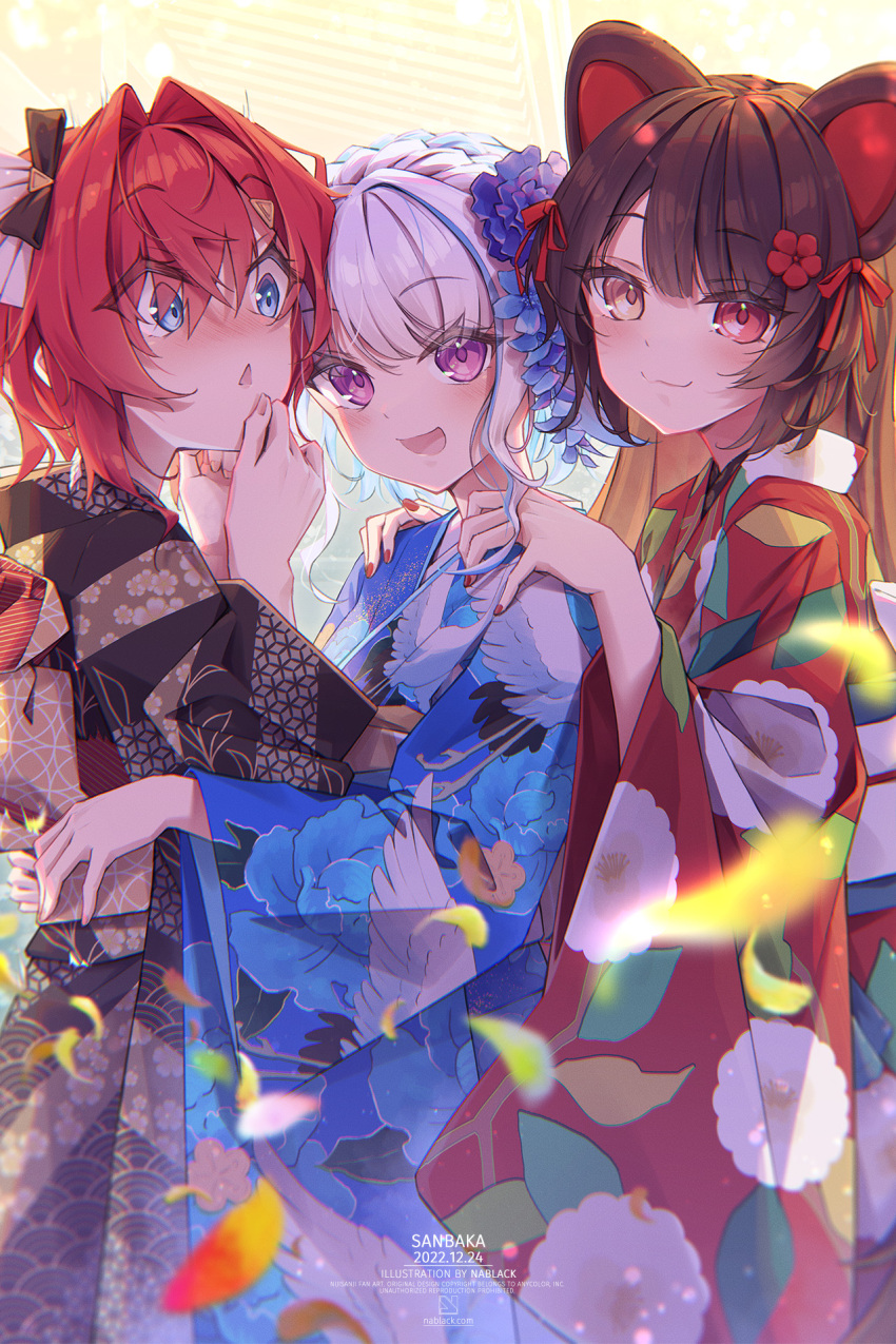 3girls ange_katrina animal_ears black_kimono blue_kimono blush brown_hair comiket_101 dog_ears furisode grey_hair hair_ornament highres inui_toko japanese_clothes kanzashi kimono kuro-kun_(nablack) lize_helesta looking_at_viewer multiple_girls nijisanji official_alternate_costume red_headwear red_kimono smile virtual_youtuber