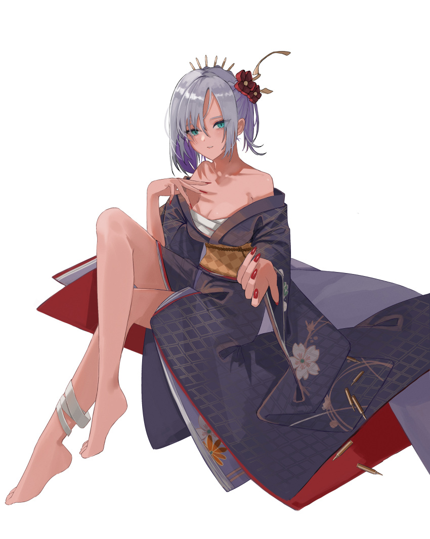 1girl absurdres aqua_eyes arm_up bandaged_leg bandages bangs bare_legs bare_shoulders barefoot breasts chest_sarashi cleavage collarbone commission crossed_legs feet flower full_body girls'_frontline grey_hair hair_flower hair_ornament highres japanese_clothes kimono legs looking_at_viewer medium_breasts mg5_(dark_blossom_of_the_end)_(girls'_frontline) mg5_(girls'_frontline) midriff_sarashi nail_polish official_alternate_costume open_mouth parted_lips pixiv_commission reaching_towards_viewer red_nails sarashi short_hair sitting slit_pupils solo teizen_(rkm8656) toes white_background