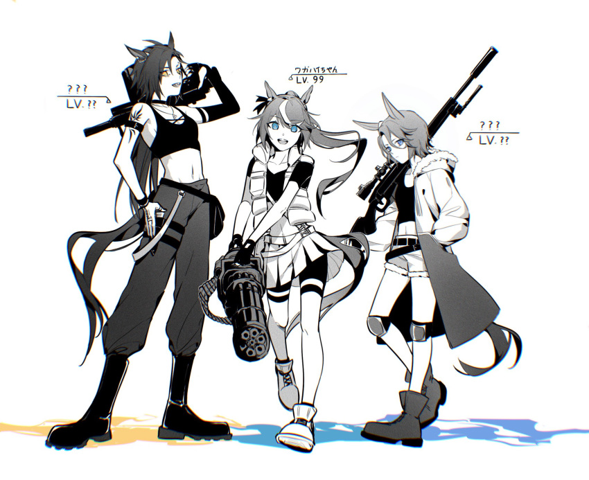 3girls air_shakur_(umamusume) alternate_costume animal_ears arm_belt arm_tattoo belt blue_eyes boots camisole carrying_over_shoulder chromatic_aberration closed_mouth coat elbow_gloves gatling_gun gloves greyscale grin gun hand_in_pocket highres holding holding_gun holding_weapon holster hooded_coat horse_ears horse_girl horse_tail kneepits long_hair long_sleeves looking_at_viewer midriff minigun monochrome multicolored_hair multiple_girls narita_taishin_(umamusume) navel open_clothes open_coat open_mouth pants ponytail rifle rokumijio_maru short_hair short_shorts shorts single_glove skirt smile sniper_rifle spot_color streaked_hair tail tank_top tattoo thigh_holster tokai_teio_(umamusume) umamusume vest weapon yellow_eyes