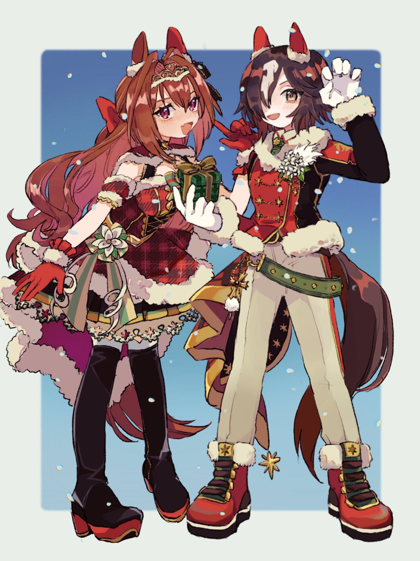 2girls :d animal_ears arm_up bangs black_footwear black_jacket blush boots box breasts brown_eyes brown_hair claw_pose commentary_request daiwa_scarlet_(scarlet_nuit_etoile)_(umamusume) daiwa_scarlet_(umamusume) dress fang fur-trimmed_gloves fur-trimmed_jacket fur-trimmed_sleeves fur_trim gift gift_box gloves grey_pants hair_intakes hair_over_one_eye highres holding holding_gift horse_ears horse_girl horse_tail illuminate_the_heart_(umamusume) jacket long_hair medium_breasts multicolored_hair multiple_girls pants plaid plaid_dress purple_eyes red_dress red_footwear red_gloves saba_no_hige smile tail thigh_boots tiara two-tone_hair umamusume very_long_hair vodka_(nonfreezing_aqua_vitae)_(umamusume) vodka_(umamusume) white_gloves white_hair