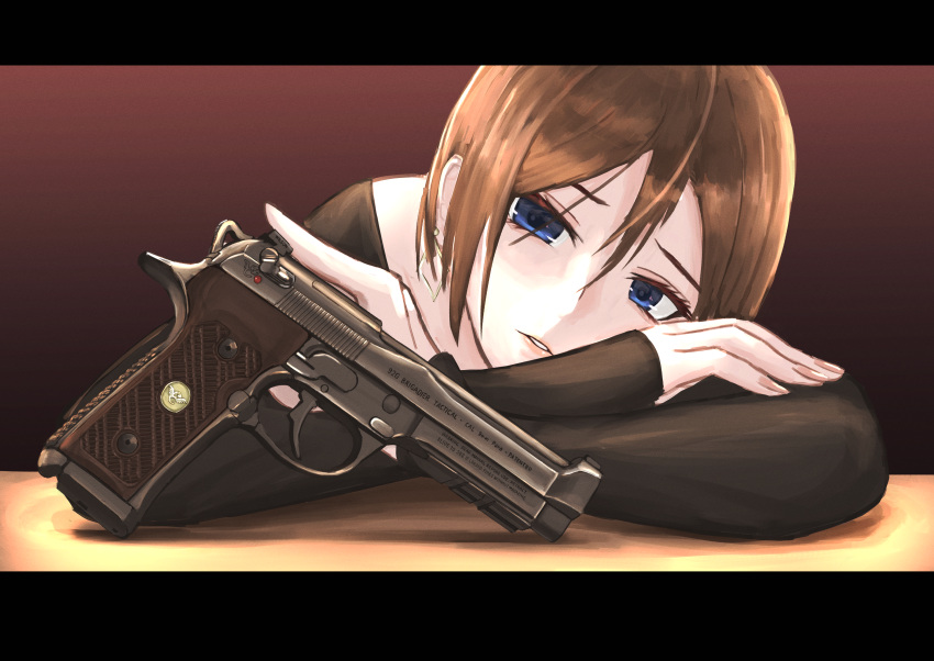 1girl absurdres beretta_92 black_shirt blue_eyes brown_background brown_hair colored_eyelashes commentary d-sawa613 earrings fingernails gradient gradient_background gun hair_between_eyes handgun head_on_arm head_rest highres jewelry letterboxed long_sleeves looking_at_object nail_polish off-shoulder_shirt off_shoulder on_counter original parted_lips red_background shirt short_hair single_earring solo upper_body weapon weapon_focus