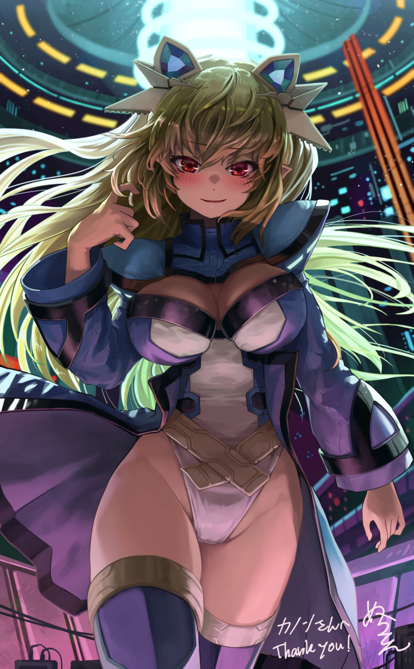 1girl avatar_(pso2) bangs blonde_hair blue_cape blue_jacket blue_thighhighs blush breasts cape cleavage commentary_request commission cropped_jacket english_text feet_out_of_frame hair_between_eyes hand_up headgear highleg highleg_leotard highres jacket large_breasts leotard long_hair long_sleeves looking_at_viewer melaton numako_(pizza_kanon) original parted_lips phantasy_star phantasy_star_online_2 red_eyes second-party_source shrug_(clothing) skeb_commission solo thighhighs translation_request valgiris waist_cape white_leotard wide_sleeves