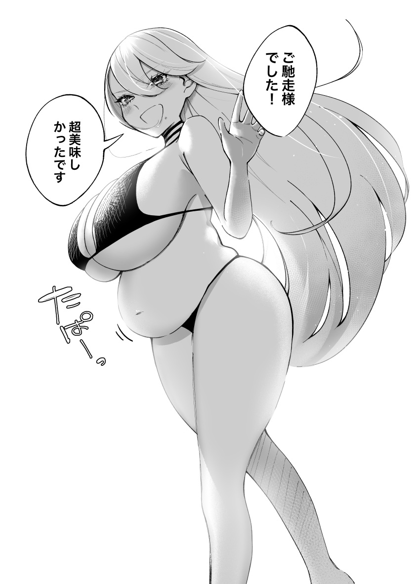 1girl absurdres belly bikini breasts choker cleavage fat floating_hair food food_on_face greyscale highres huge_breasts long_hair looking_at_viewer monochrome navel open_mouth original smug solo speech_bubble swimsuit terano_haruma translation_request very_long_hair walking white_background