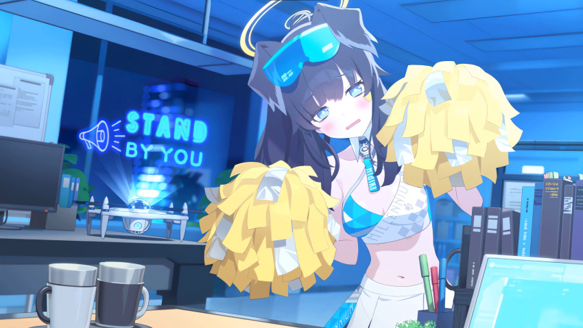 1girl animal_ears bangs bare_arms bare_shoulders black_hair blue_archive blue_eyes book breasts cheerleader cleavage crop_top cup embarrassed facial_mark game_cg goggles goggles_on_head halo hibiki_(blue_archive) hibiki_(cheerleader)_(blue_archive) highres large_breasts long_hair looking_at_viewer midriff miniskirt mug navel non-web_source official_alternate_costume official_art pleated_skirt pom_pom_(cheerleading) ponytail simple_background skirt solo star_(symbol) stomach upper_body white_background white_skirt
