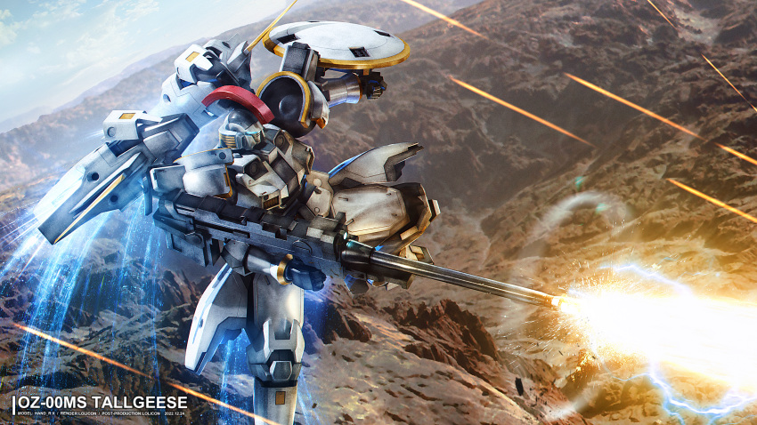 assault_visor beam_rifle blue_eyes blue_sky character_name clenched_hand cloud day desert energy_gun firing flying glowing glowing_eyes gun gundam gundam_wing highres holding holding_gun holding_weapon lolicon_(lolicon42051636) mecha mobile_suit mountainous_horizon outdoors photoshop_(medium) robot science_fiction shield sky solo tallgeese thrusters weapon