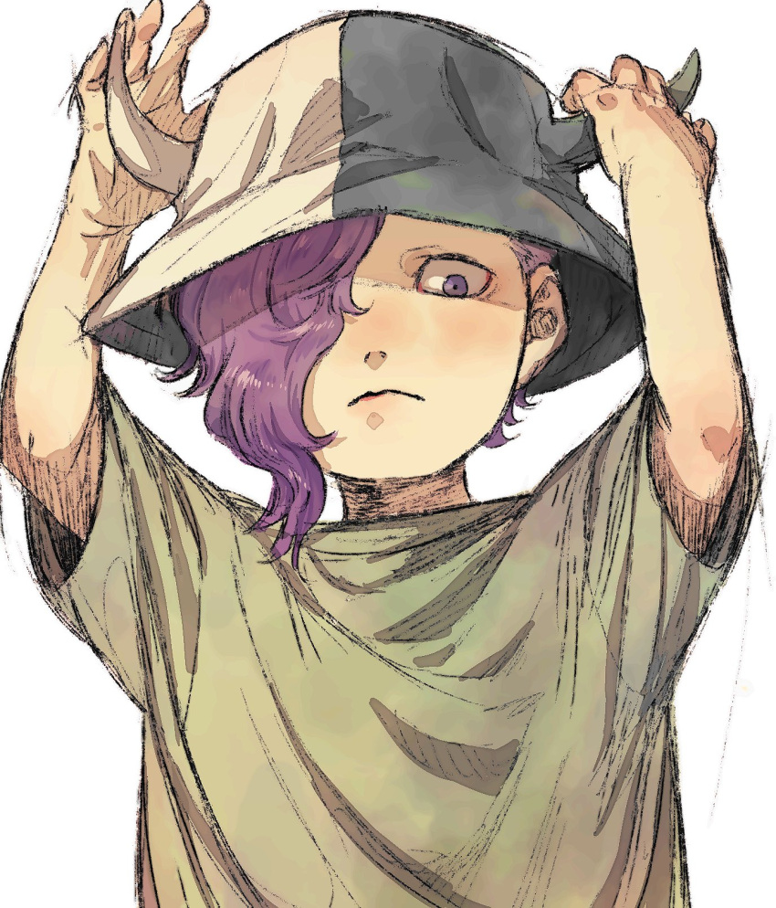 1boy asymmetrical_hair bangs child fake_horns green_shirt hair_over_one_eye hands_on_own_horns hands_up hat highres horned_headwear horns long_bangs looking_at_viewer male_child male_focus one_piece page_one_(one_piece) purple_eyes purple_hair shade shirt shiso_i4 short_hair sketch solo white_background