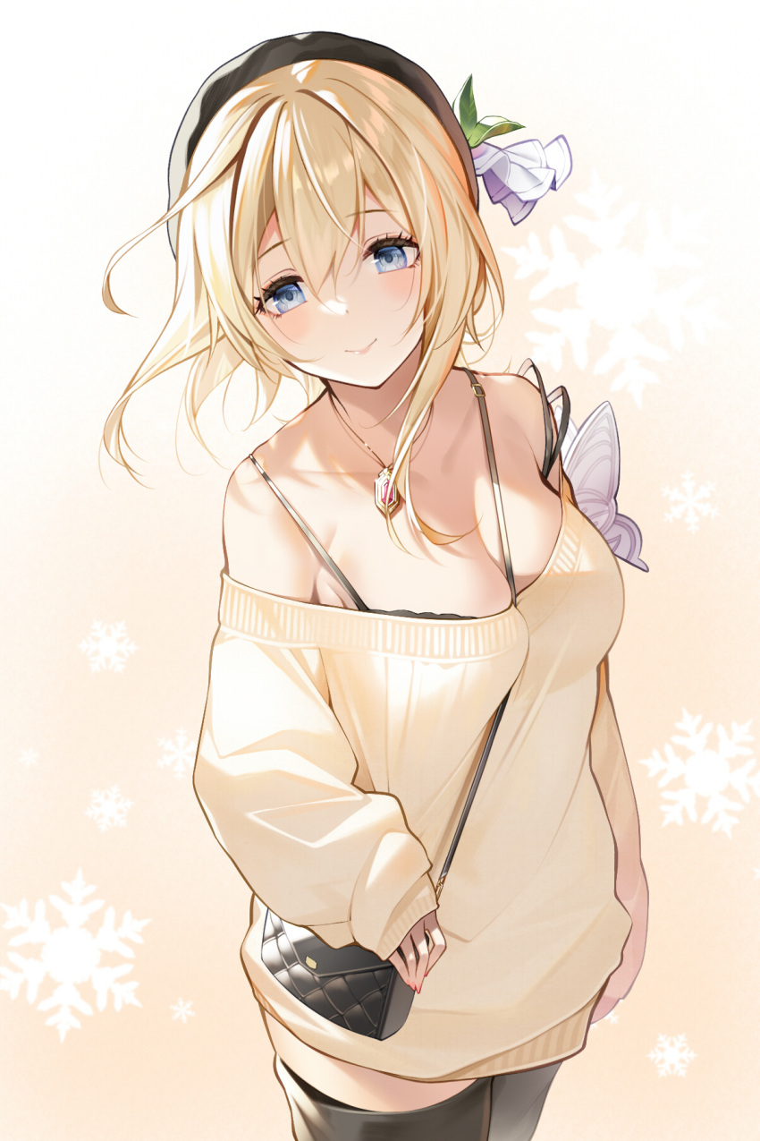 1girl bangs bare_shoulders black_bra black_thighhighs blonde_hair blue_eyes blush bra breasts europa_(granblue_fantasy) flower granblue_fantasy hair_between_eyes hair_flower hair_ornament highres jewelry large_breasts looking_at_viewer nekomu off-shoulder_sweater off_shoulder pendant short_hair solo sweater thighhighs underwear