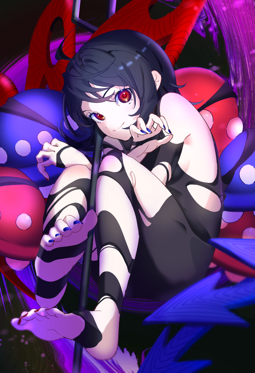 1girl absurdres asymmetrical_wings black_dress black_hair black_thighhighs blue_nails blue_wings closed_mouth dress feet fingernails foot_focus highres houjuu_nue mizoreshi nail_polish pointy_ears polearm red_eyes red_nails red_wings short_dress short_hair smile soles solo thighhighs toeless_legwear toenails toes torn_clothes torn_dress touhou trident ufo weapon wings