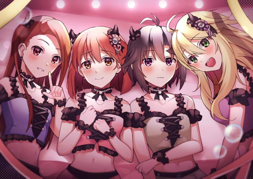 4girls :d absurdres arm_strap blonde_hair breasts brown_eyes brown_hair closed_mouth collarbone commentary_request crop_top earrings flat_chest green_eyes grey_hair grin hagiwara_yukiho hair_ornament highres horns hoshii_miki idolmaster idolmaster_(classic) index_finger_raised jewelry kikuchi_makoto long_hair looking_at_viewer medium_breasts midriff minase_iori multiple_girls navel open_mouth partial_commentary purple_eyes raimone26 red_eyes short_hair smile stomach upper_body wrist_cuffs xs_(idolmaster)