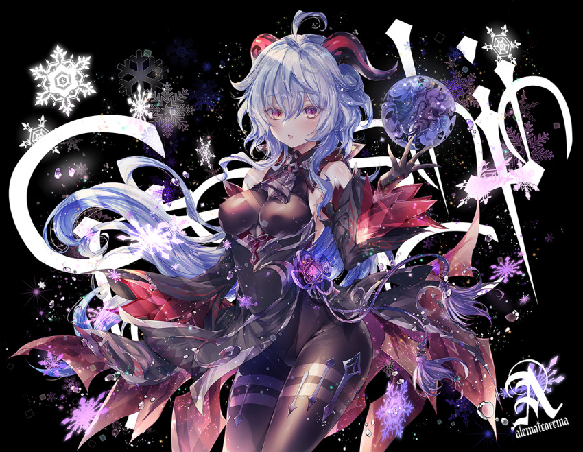 1girl :o ahoge bangs bare_shoulders bell black_background black_gloves black_leotard blue_hair blush bodystocking breasts cleavage comiket_101 covered_navel cowbell cowboy_shot detached_collar detached_sleeves fingerless_gloves floating_hair flower ganyu_(genshin_impact) genshin_impact gloves goat_horns hair_between_eyes horns kobayashi_yoshitaka large_breasts leotard long_hair long_sleeves looking_at_viewer low_ponytail medium_breasts open_mouth orb outstretched_arm parted_lips purple_eyes smile snowflakes solo standing tassel thighs very_long_hair