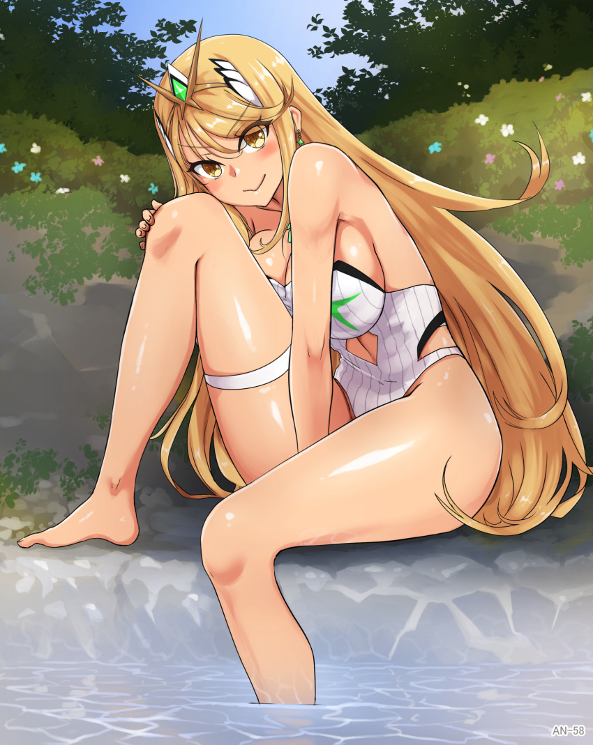 1girl angoha bangs bare_shoulders blonde_hair blush breasts chest_jewel cleavage day flower gem headpiece highres jewelry large_breasts long_hair looking_at_viewer mythra_(radiant_beach)_(xenoblade) mythra_(xenoblade) one-piece_swimsuit outdoors partially_submerged shiny shiny_skin sky solo strapless strapless_swimsuit swept_bangs swimsuit tiara very_long_hair water white_one-piece_swimsuit xenoblade_chronicles_(series) xenoblade_chronicles_2 yellow_eyes