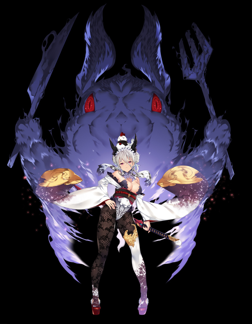 1girl asymmetrical_legwear bare_shoulders bird breasts character_request chicken cleavage eden's_ritter_grenze hand_on_hip highres holding holding_sword holding_weapon japanese_clothes katana leotard medium_breasts official_art purple_eyes solo_focus sword tachibana_yuu translation_request weapon white_hair wide_sleeves