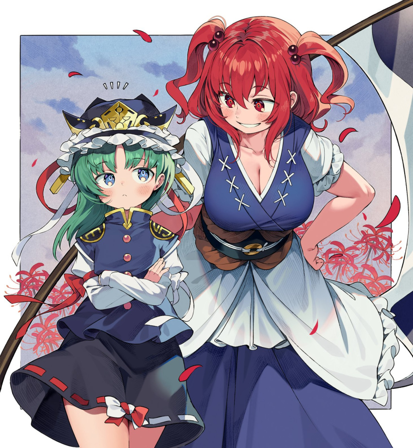 2girls :d asymmetrical_hair black_skirt blue_eyes blue_headwear blue_vest breasts cleavage closed_mouth cloud coin crossed_arms flower frilled_hat frills green_hair hair_bobbles hair_ornament hand_on_hip hat highres holding holding_scythe iroyopon large_breasts long_sleeves looking_at_another medium_hair multiple_girls obi onozuka_komachi outdoors red_eyes red_hair ribbon-trimmed_skirt ribbon_trim sash scythe shiki_eiki short_sleeves skirt sky smile spider_lily standing touhou two_side_up vest