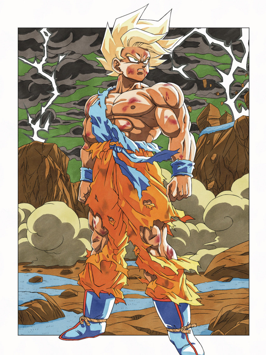 1boy abs blonde_hair boots bruise bruised_chest cloud dragon_ball dragon_ball_z full_body green_eyes highres injury lightning male_focus muscular muscular_male pectorals serious smoke solo son_goku super_saiyan super_saiyan_1 susumu_(rei-h-0701) torn_clothes