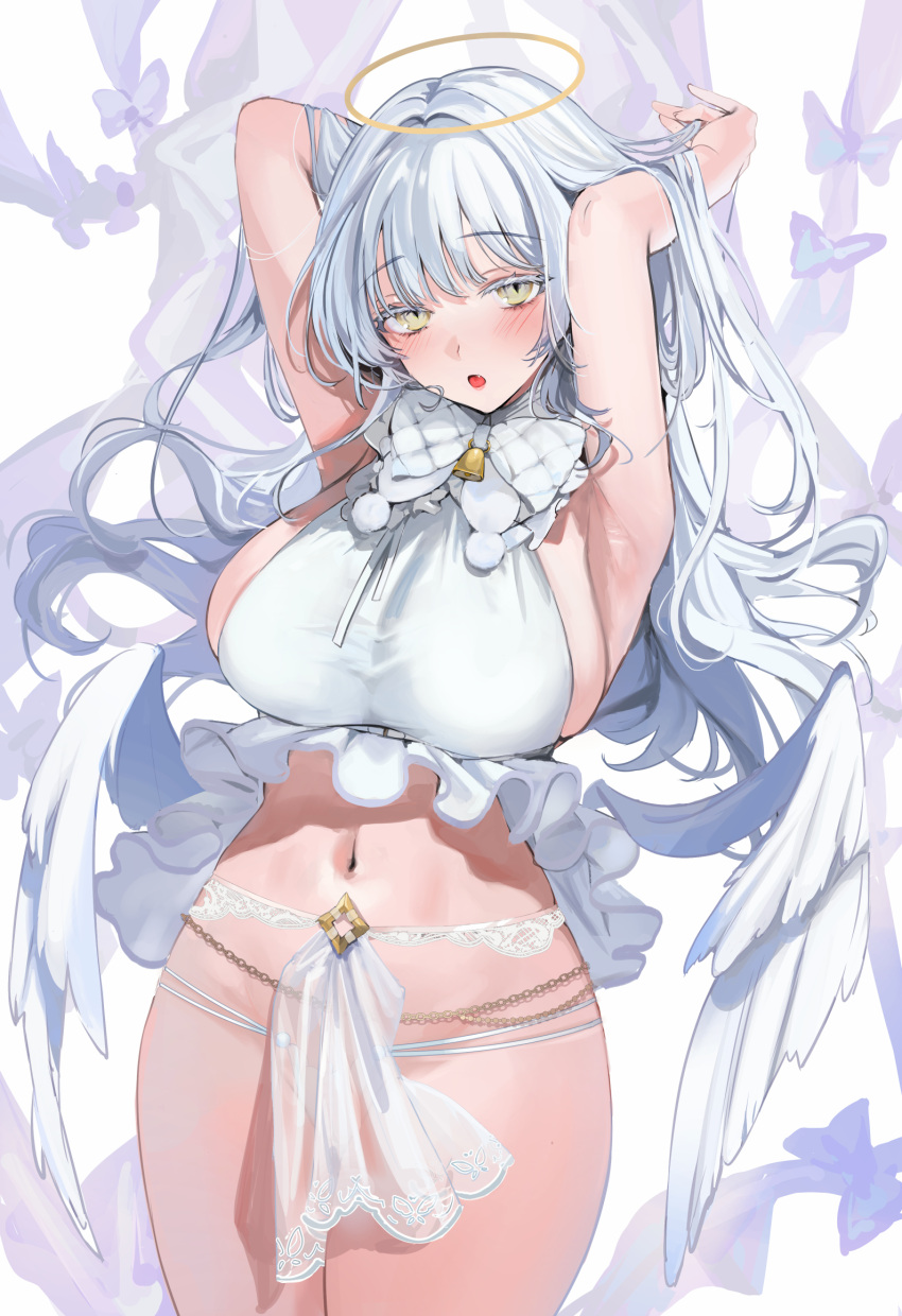 1girl :o angel angel_wings armpits arms_up bangs bare_arms bare_shoulders bell belly_chain blush bow bowtie breasts chain colored_eyelashes commentary_request cowboy_shot crop_top frilled_shirt frills gold_chain halo hand_in_own_hair highres holding jewelry kandzume_(kandume200) large_breasts long_hair looking_at_viewer navel neck_bell no_pants open_mouth original panties see-through shirt sideboob sidelocks simple_background sleeveless sleeveless_shirt solo stomach string_panties taut_clothes taut_shirt thighs underwear very_long_hair white_background white_bow white_bowtie white_garter_belt white_hair white_panties white_wings wings yellow_eyes