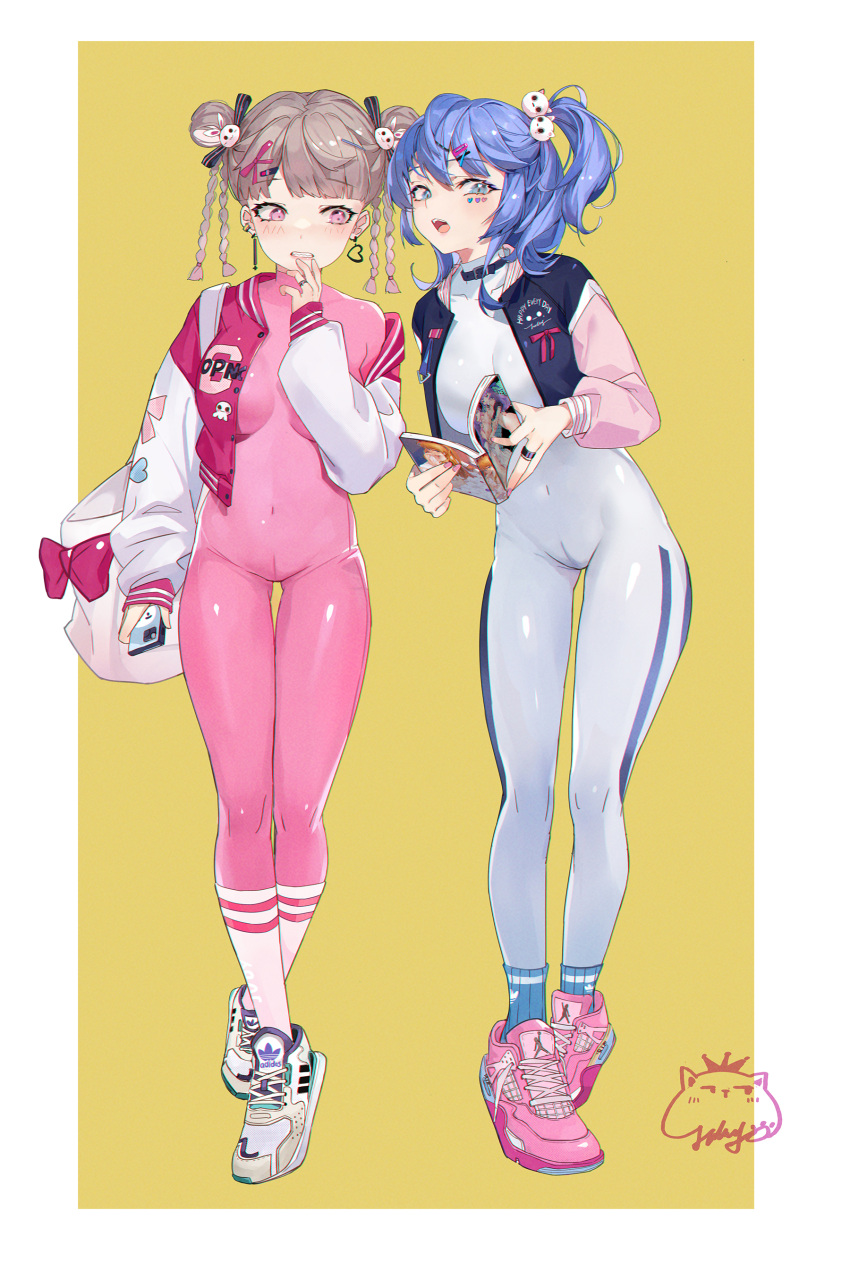 2girls absurdres ass_visible_through_thighs bad_id bad_pixiv_id bangs blue_eyes blue_hair bodysuit breasts brown_background cellphone clenched_teeth commentary_request covered_collarbone covered_navel crossed_ankles double_bun earrings groin hair_between_eyes hair_bun hair_ornament hairclip heart heart_earrings highres holding holding_phone jacket jewelry jiujiuyatou_(yayanzz) letterman_jacket long_sleeves medium_breasts multiple_girls off_shoulder one_side_up open_clothes open_jacket open_mouth original phone pink_bodysuit pink_footwear pink_jacket puffy_long_sleeves puffy_sleeves quad_braids rabbit_hair_ornament ring sharp_teeth shoes signature sleeves_past_wrists standing teeth thigh_gap two-tone_background white_background white_bodysuit white_footwear
