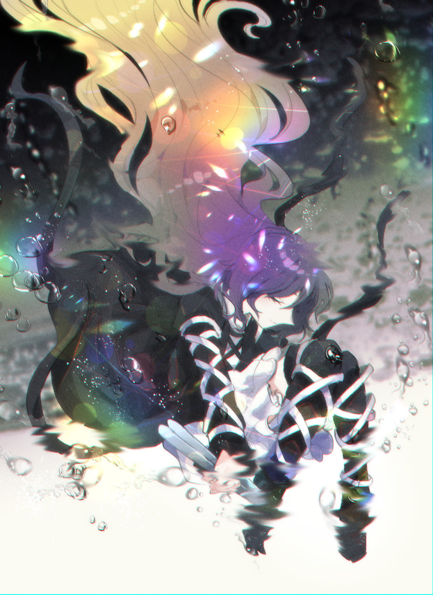 1girl air_bubble blonde_hair bubble closed_eyes closed_mouth cross-laced_clothes dress highres hijiri_byakuren holding holding_scroll itomugi-kun layered_dress long_hair multicolored_hair purple_hair rainbow scroll smile solo sorcerer's_sutra_scroll submerged touhou two-tone_hair underwater white_dress