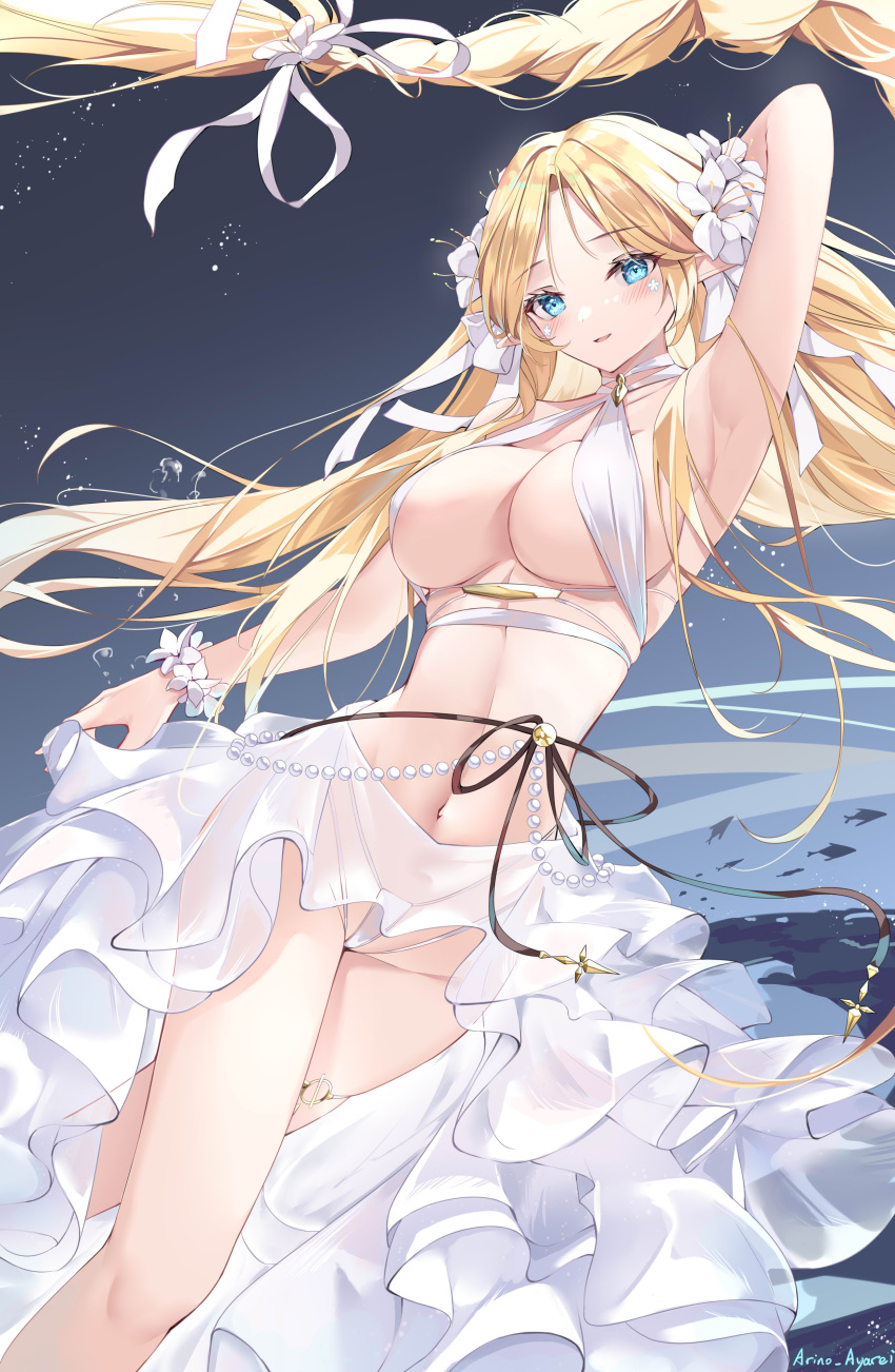 1girl absurdres arino_ayarei arm_up armpits azur_lane bangs beads bikini blonde_hair blue_eyes blush braid braided_ponytail breasts brest_(azur_lane) brest_(marine_muse)_(azur_lane) chinese_commentary choker cleavage commentary_request criss-cross_halter dutch_angle feet_out_of_frame floating_hair flower frilled_skirt frills groin hair_flower hair_ornament hair_ribbon halterneck highleg highleg_bikini highres large_breasts linea_alba long_hair looking_at_viewer navel official_alternate_costume parted_bangs parted_lips revealing_clothes revision ribbon see-through see-through_skirt single_braid skirt smile solo stomach swimsuit thighs thong_bikini very_long_hair white_bikini white_choker white_flower white_ribbon white_skirt wrist_flower