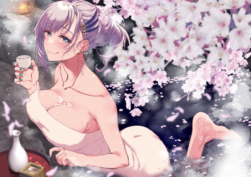 1girl alcohol aqua_eyes aqua_nails barefoot blush bottle braid braided_bangs breasts cherry_blossoms choko_(cup) cleavage collarbone commentary cup earrings feet grey_hair hair_bun hair_ornament highres holding holding_cup hololive hololive_indonesia jewelry large_breasts looking_at_viewer masu nail_polish naked_towel onsen pavolia_reine petals petals_on_liquid pochi_(pochi-goya) sake sake_bottle single_hair_bun smile solo toes tokkuri tongue tongue_out towel virtual_youtuber