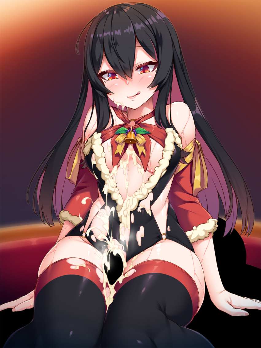 1girl arata bell black_hair black_thighhighs blush breasts colored_inner_hair commentary_request detached_sleeves eyebrows_hidden_by_hair fur_trim genderswap genderswap_(mtf) gradient gradient_background hair_between_eyes highres jingle_bell licking_lips looking_at_viewer looking_down medium_breasts multicolored_hair o-ring partial_commentary pink_hair red_eyes red_ribbon ren_(witch's_weapon) ribbon sexually_suggestive skindentation solo thick_thighs thighhighs thighs tongue tongue_out torn_clothes witch's_weapon