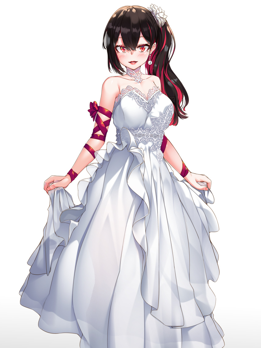 1girl alternate_hairstyle arata armlet black_hair blush bracelet bride collarbone colored_inner_hair commentary_request detached_collar dress earrings flower frilled_dress frills genderswap genderswap_(mtf) hair_between_eyes hair_flower hair_ornament hair_ribbon highres jewelry lipstick looking_at_viewer makeup multicolored_hair partial_commentary ponytail red_eyes red_hair red_ribbon ren_(witch's_weapon) ribbon see-through simple_background single_earring sleeveless sleeveless_dress wedding_dress white_background witch's_weapon