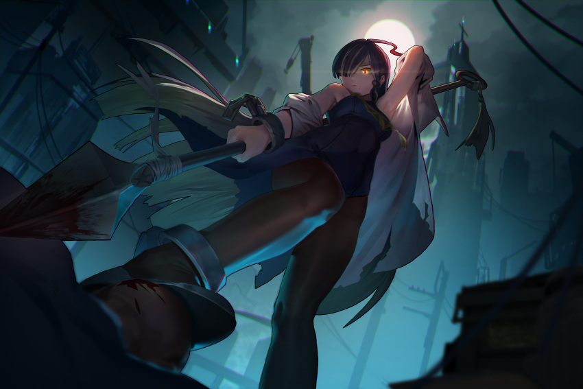 1girl absurdres armpits bare_shoulders black_hair black_pantyhose blood blood_on_weapon chain cloud dutch_angle full_moon glowing glowing_eyes goofy_(goldgoofy357) hair_over_one_eye highres holding holding_polearm holding_weapon long_hair mole mole_under_mouth moon night original outdoors pantyhose polearm solo spear torn_clothes weapon yellow_eyes