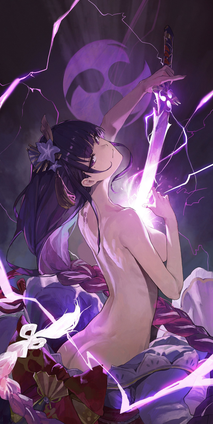 1girl absurdres ass back bangs braid braided_ponytail breasts closed_mouth completely_nude dark_background electricity flower from_side genshin_impact hair_flower hair_ornament head_tilt highres holding holding_sword holding_weapon human_scabbard japanese_clothes katana kimono kimono_removed large_breasts long_hair looking_at_viewer looking_back mitsudomoe_(shape) mole mole_under_eye musou_isshin_(genshin_impact) nude off_shoulder purple_eyes purple_flower purple_hair purple_kimono raiden_shogun serie_niai sideboob solo sword tomoe_(symbol) very_long_hair weapon