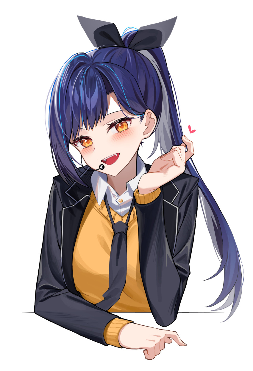 1girl absurdres bangs black_bow black_jacket blue_hair blush bow collared_shirt hair_bow headset heart high_ponytail highres jacket lilpa open_clothes open_jacket open_mouth orange_eyes shirt sidelocks simple_background smile solo sugar_(dndi888) swept_bangs teeth upper_body upper_teeth_only vest waktaverse white_background white_shirt yellow_vest