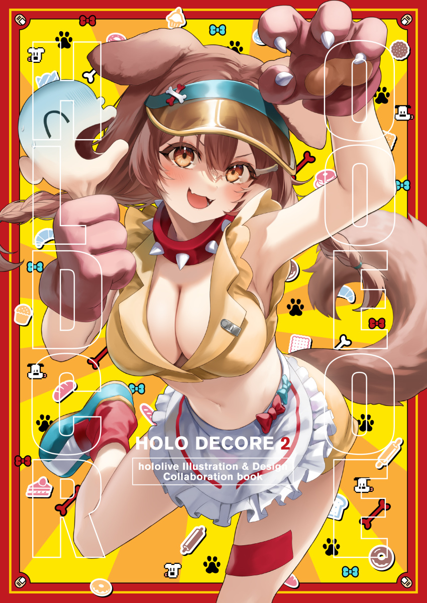1girl :d absurdres animal_collar animal_ears animal_hands apron arm_up armpits bandaid bandaid_on_leg bangs black_footwear blush bone_hair_ornament braid breasts brown_eyes brown_hair cleavage collar comiket_101 cover crop_top cropped_shirt dog_ears dog_girl dog_tail doggy_god's_street fangs frilled_apron frills gloves hair_between_eyes hair_ornament hairclip highres holding hololive inugami_korone kito_koruta large_breasts listener_(inugami_korone) long_hair looking_at_viewer low_twin_braids low_twintails midriff miniskirt navel open_mouth paw_gloves red_collar second-party_source shirt shoes skirt smile sneakers solo spiked_collar spikes tail twin_braids twintails v-shaped_eyebrows virtual_youtuber visor_cap waist_apron white_apron yellow_shirt