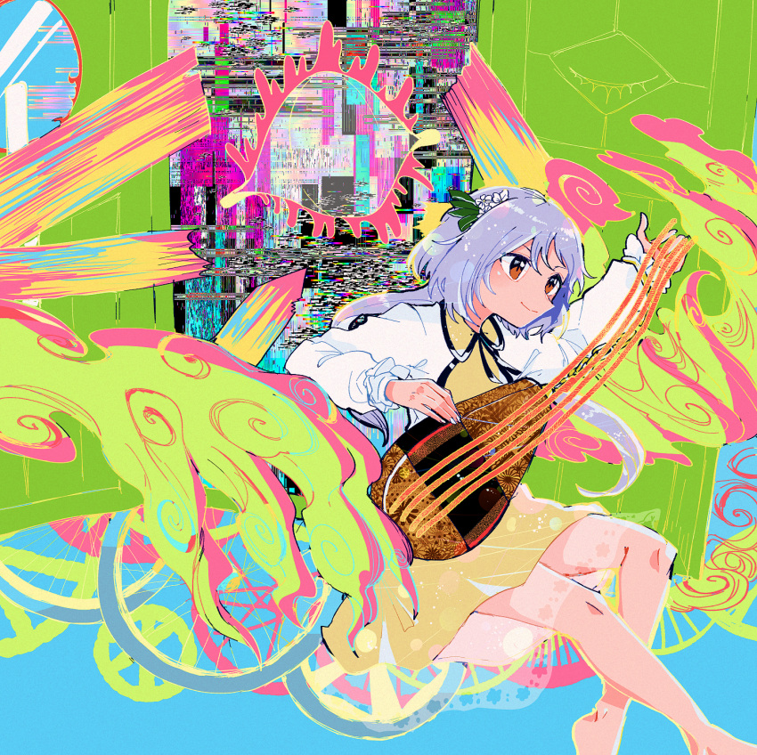 1girl abstract barefoot brown_eyes door dress floating flower highres instrument itomugi-kun legs light_purple_hair long_hair long_sleeves lute_(instrument) open_door purple_hair smile solo touhou tsukumo_benben twintails wheel white_flower