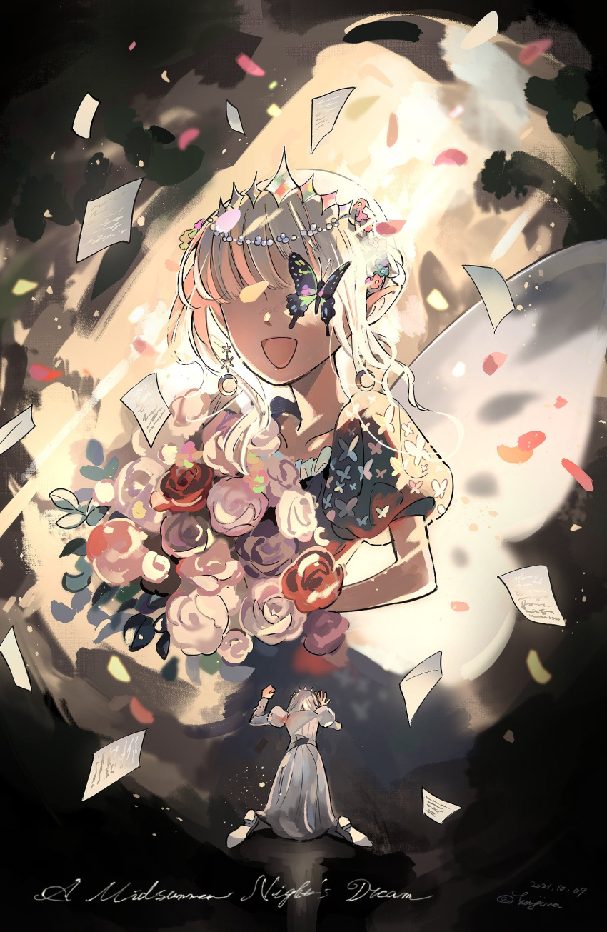 1boy 1girl :d a_midsummer_night's_dream bangs bouquet bug butterfly butterfly_over_eye butterfly_wings clenched_hand confetti covered_eyes crescent crescent_earrings crown diamond_hairband dress earrings faceless faceless_female facing_away fate/grand_order fate_(series) flying_paper full_body hair_bun highres holding holding_bouquet jewelry juliet_sleeves kneeling long_sleeves medium_hair no_eyes oberon_(fate) paper pointy_ears puffy_short_sleeves puffy_sleeves robe sad scene_reference short_sleeves smile tetsujima titania_(a_midsummer_night's_dream) white_robe wings