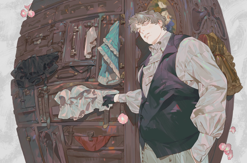 1boy ascot black_gloves black_vest clothes collared_shirt dress flower formal freckles gloves grey_eyes grey_hair grey_pants grey_shirt hand_in_pocket highres looking_at_viewer male_focus mgong520 original painting_(object) pants parted_lips shirt solo suitcase upper_body vest