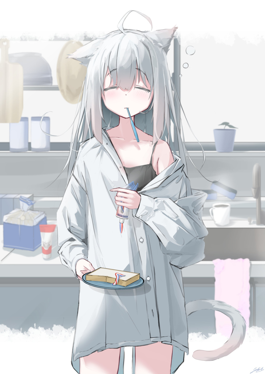 1girl absurdres ahoge animal_ears bag bangs black_camisole blush borrowed_garments bowl bread bread_slice camisole cat_ears cat_girl cat_tail celia_1315 closed_eyes coffee_mug counter cup cutting_board failure flat_chest food frying_pan grey_hair highres holding holding_plate indoors kitchen long_hair long_sleeves mouth_hold mug no_pants off_shoulder original oversized_clothes plant plastic_bag plate potted_plant revision shirt sink sleep_bubble sleepy solo sponge steam tail tearing_up tears toothbrush_in_mouth toothpaste you're_doing_it_wrong